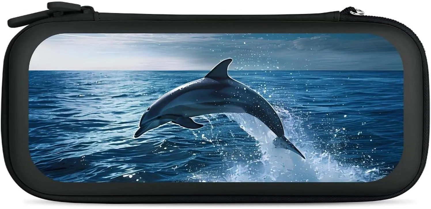 Dolphin Jumping Out of The Ocean Hard Shell Travel Case with Rope 15 Game Card Pockets Compatible with Switch Protective