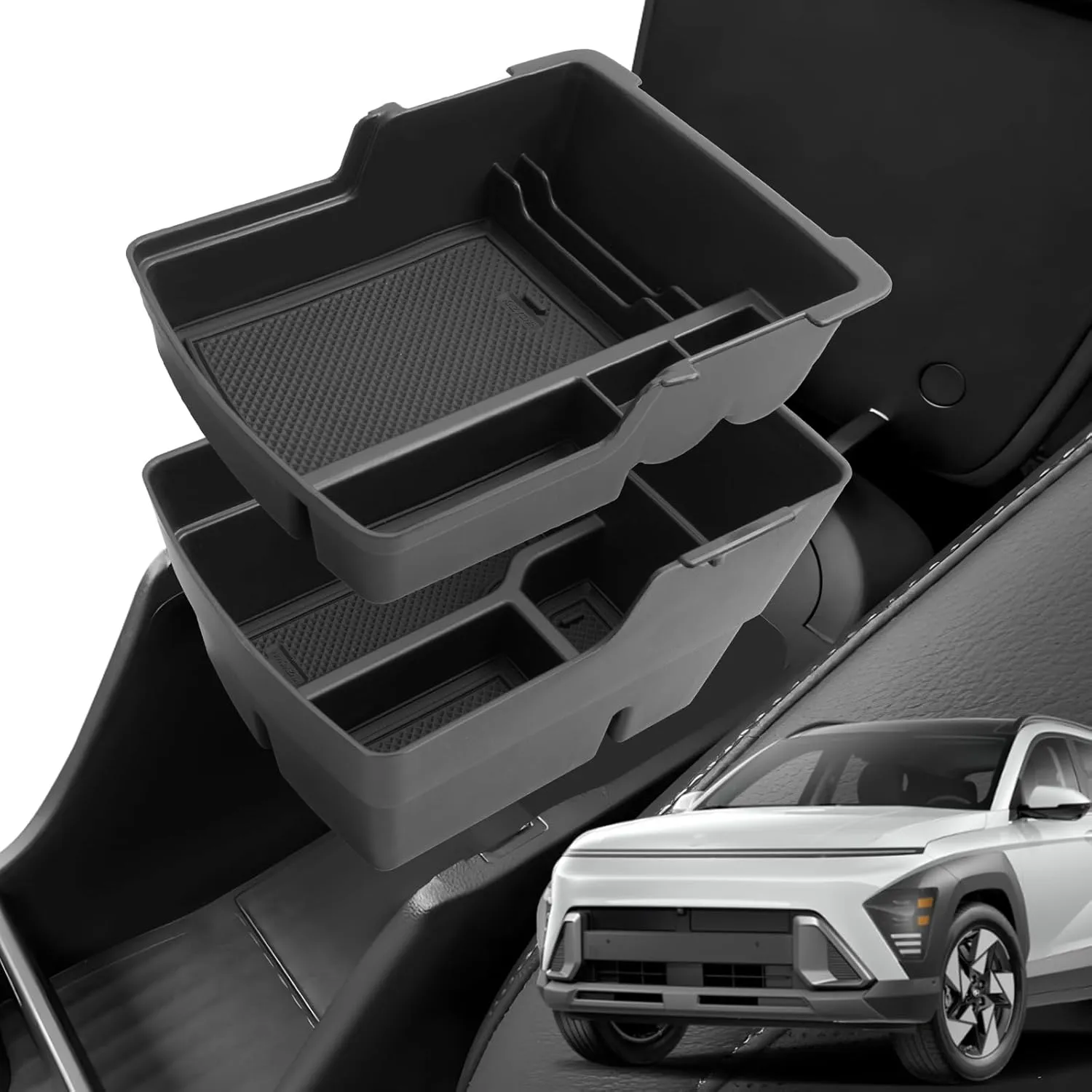 Double Layer Center Console Organizer for Hyundai KONA 2024 2025,Armrest Storage Box Tray Compatible with Kona (SX2) Accessories