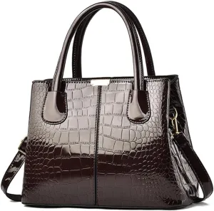 Downupdown Women Handbags Classic Top Handle Purse Shiny Patent Leather Crocodile Pattern Totes Stylish Satchel Shoulder Bag