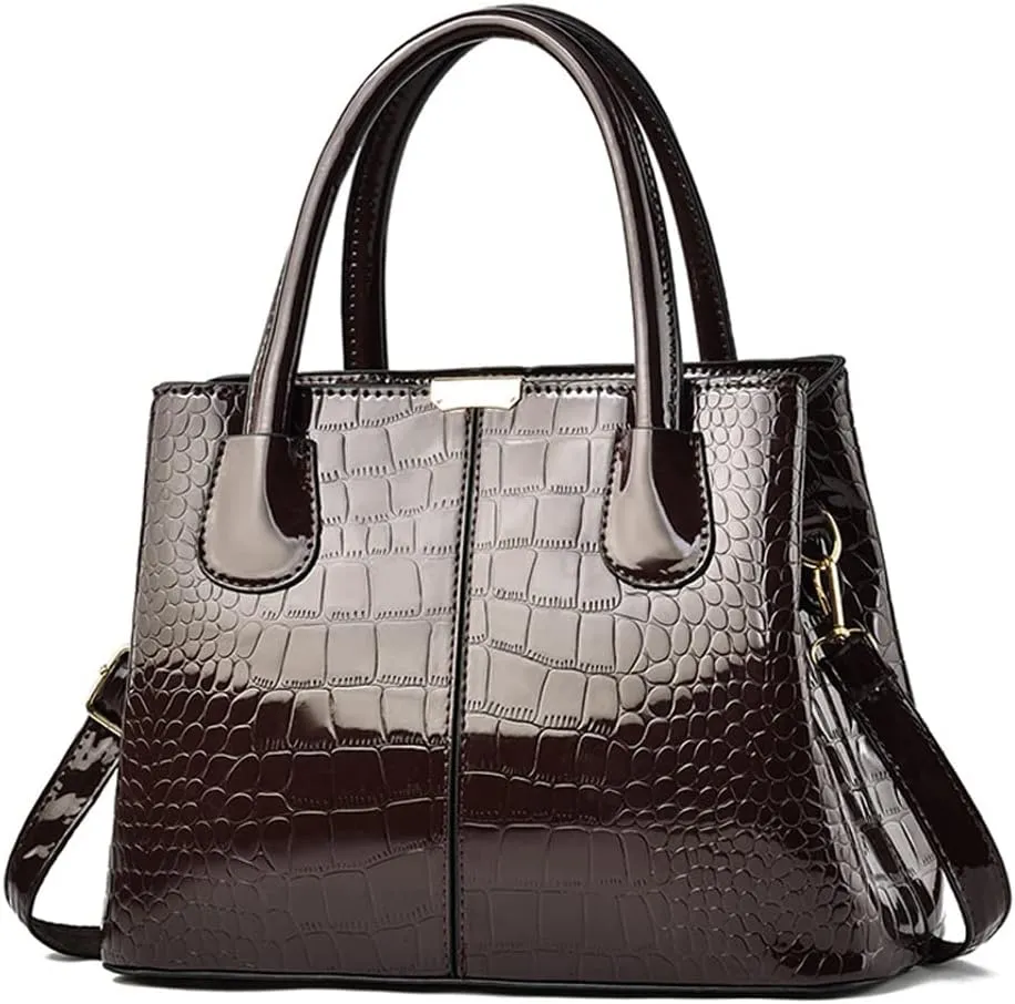 Downupdown Women Handbags Classic Top Handle Purse Shiny Patent Leather Crocodile Pattern Totes Stylish Satchel Shoulder Bag