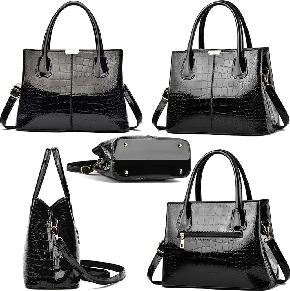 Downupdown Women Handbags Classic Top Handle Purse Shiny Patent Leather Crocodile Pattern Totes Stylish Satchel Shoulder Bag