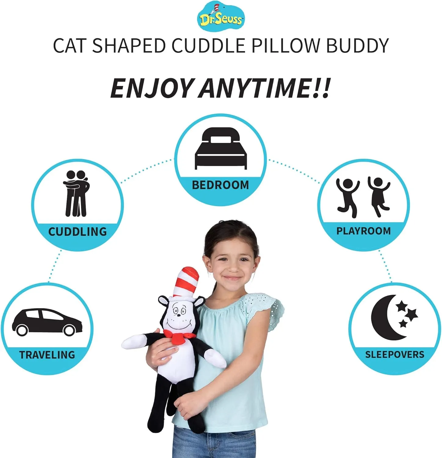 Dr Seuss Cat in The Hat Kids Bedding Super Soft Plush Cuddle Pillow Buddy, One Size, By Franco