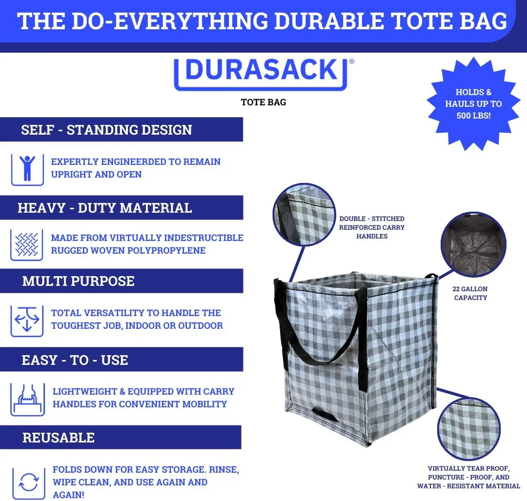 DURASACK Heavy Duty Storage Tote Bag 22-Gallon Rugged Woven Polypropylene Moving Bag, Reusable Self-Standing Design, Holds up to 500 Pounds, Single, Gingham Gray