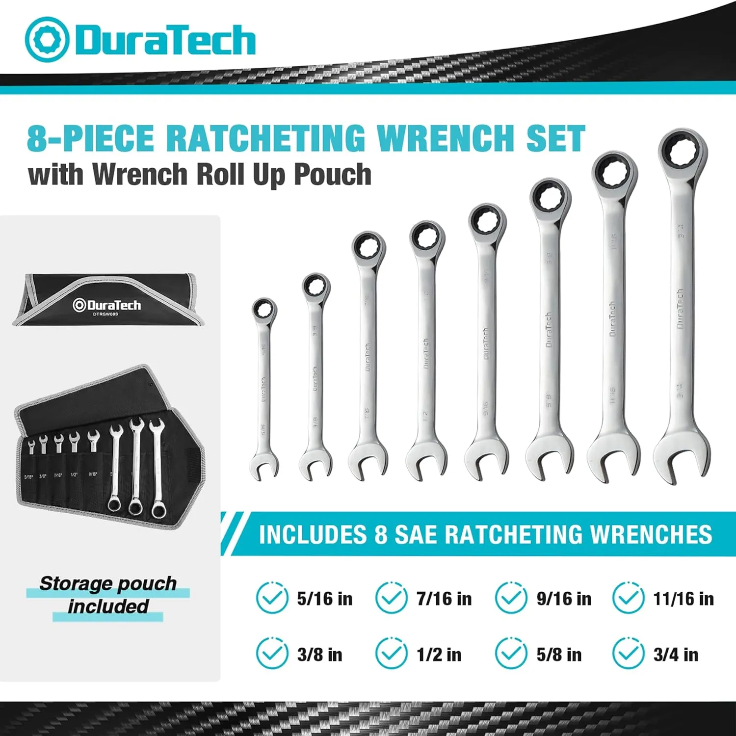 DURATECH Ratcheting Wrench Set, Combination Wrench Set, SAE, 8-piece, 5/16" to 3/4", CR-V Steel, with Pouch