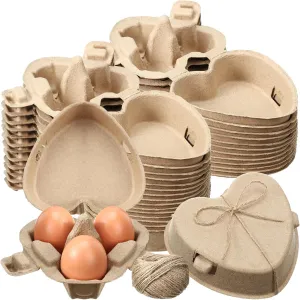 Easter 3 Egg Cartons 3 Count Crate Heart Shaped Paper Pulp Egg Container with Jute Rope Reusable Baskets Holder for Backyard Storage Valentine Chicken Lover Gifts(30 Pcs)