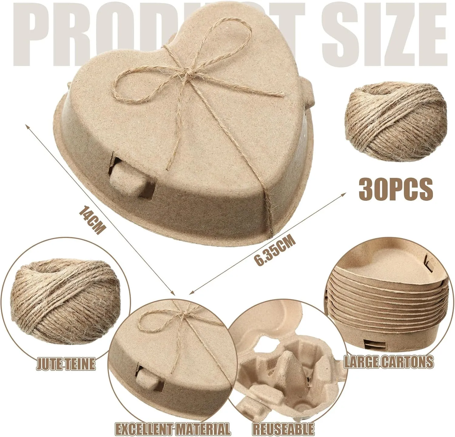 Easter 3 Egg Cartons 3 Count Crate Heart Shaped Paper Pulp Egg Container with Jute Rope Reusable Baskets Holder for Backyard Storage Valentine Chicken Lover Gifts(30 Pcs)