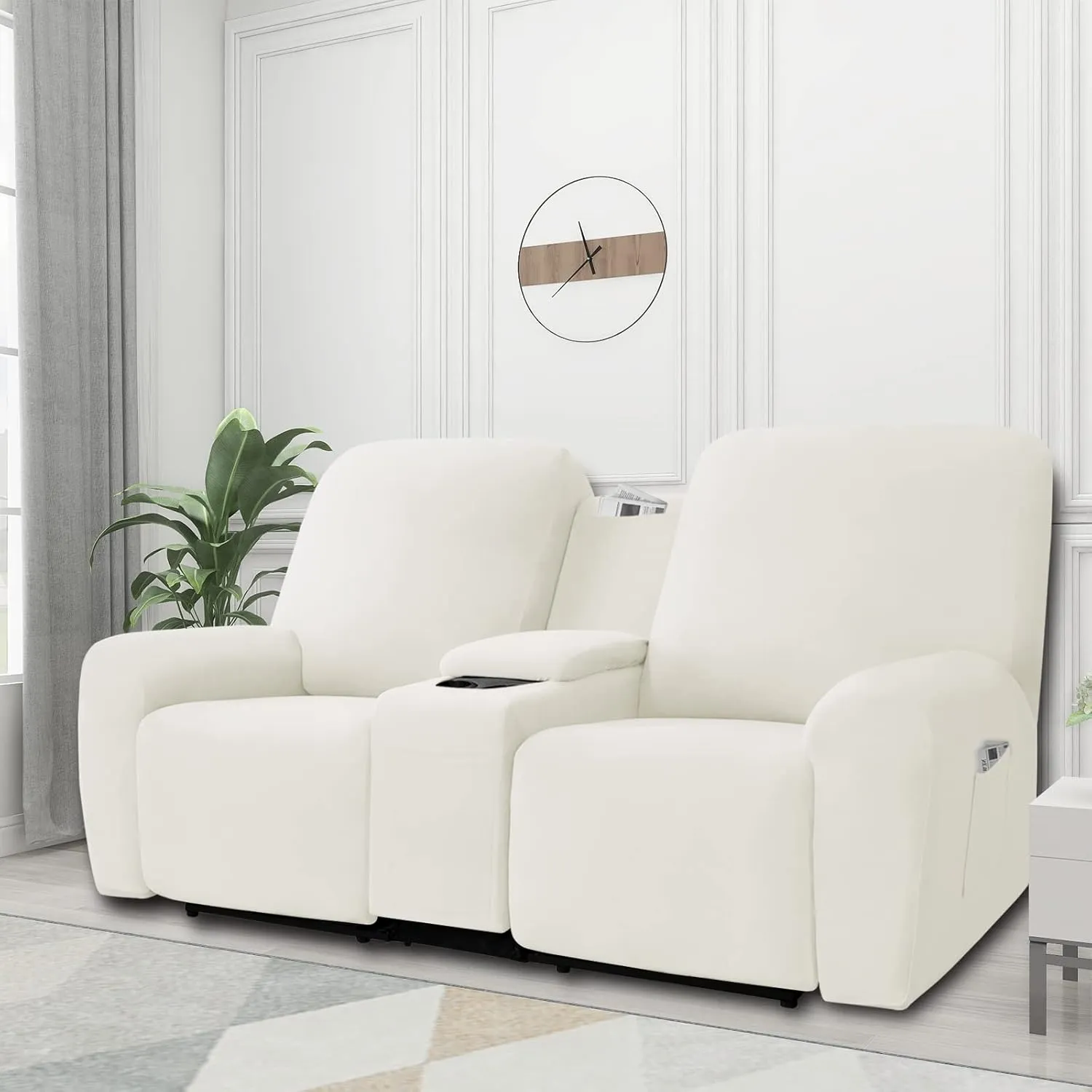 Easy-Going Stretch Recliner Loveseat Cover with Center Console Sofa Slipcover Soft Fitted Fleece 2 Seats Couch with Cup Holder and Storage Washable Furniture Protector Ivory