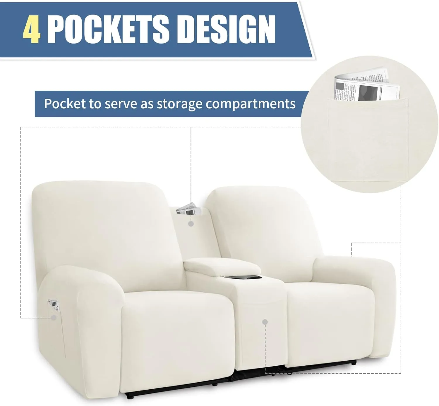 Easy-Going Stretch Recliner Loveseat Cover with Center Console Sofa Slipcover Soft Fitted Fleece 2 Seats Couch with Cup Holder and Storage Washable Furniture Protector Ivory
