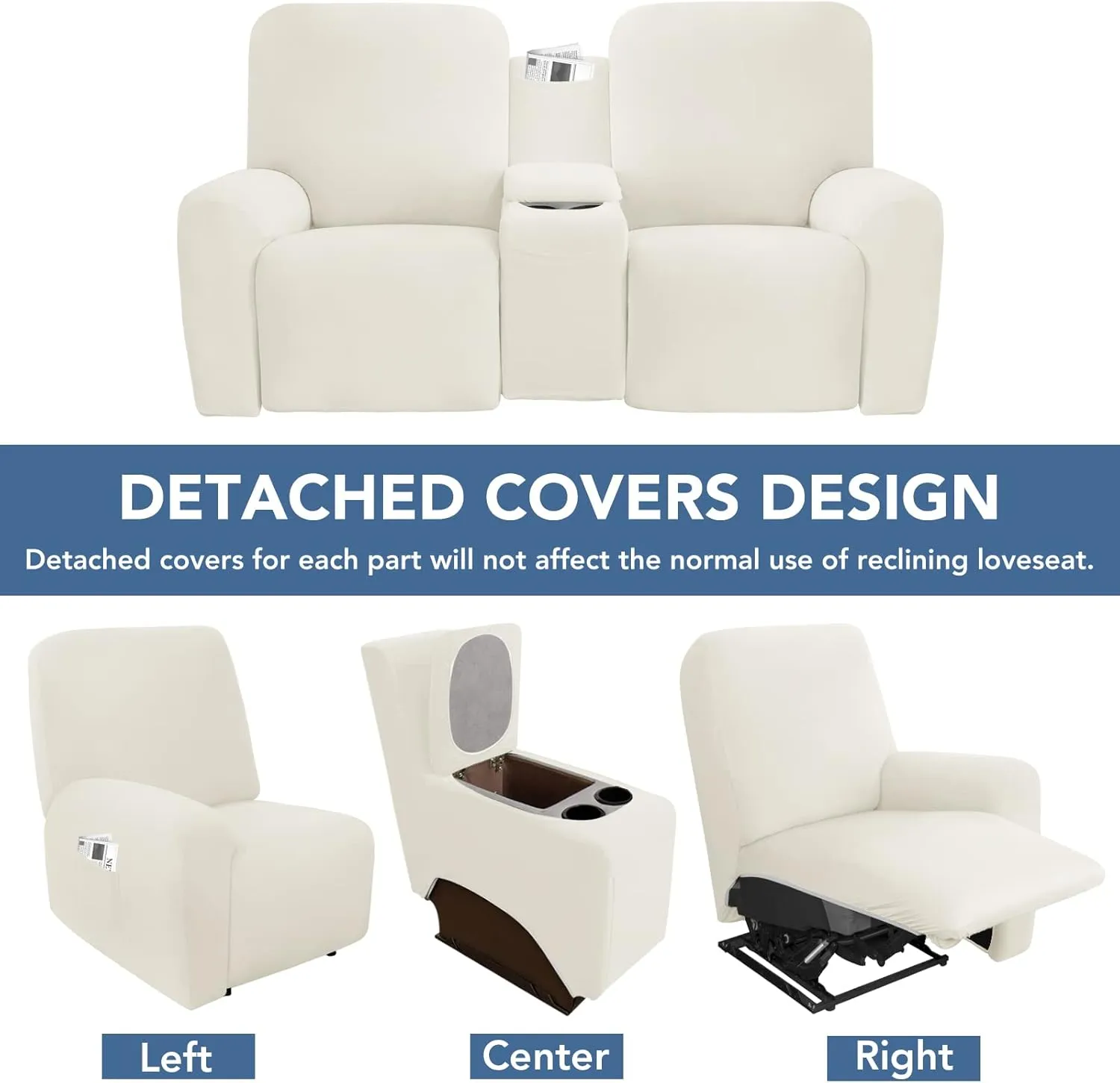 Easy-Going Stretch Recliner Loveseat Cover with Center Console Sofa Slipcover Soft Fitted Fleece 2 Seats Couch with Cup Holder and Storage Washable Furniture Protector Ivory