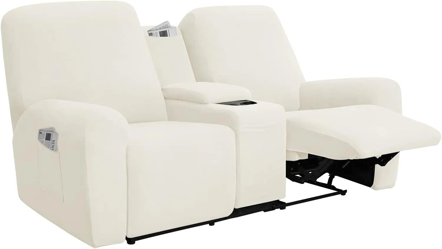 Easy-Going Stretch Recliner Loveseat Cover with Center Console Sofa Slipcover Soft Fitted Fleece 2 Seats Couch with Cup Holder and Storage Washable Furniture Protector Ivory