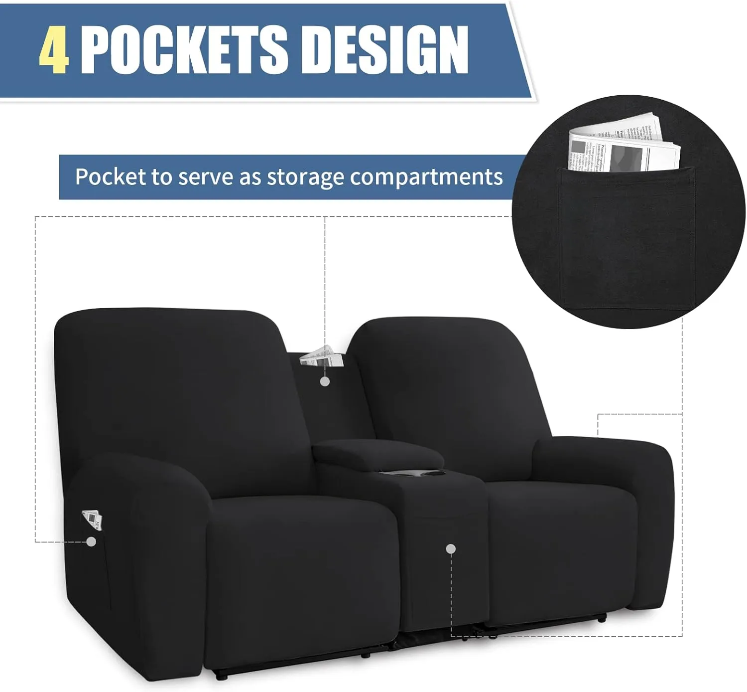 Easy-Going Stretch Recliner Loveseat Cover with Center Console Sofa Slipcover Soft Fitted Fleece 2 Seats Couch with Holder and Storage Washable Furniture Protector Black