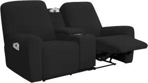 Easy-Going Stretch Recliner Loveseat Cover with Center Console Sofa Slipcover Soft Fitted Fleece 2 Seats Couch with Holder and Storage Washable Furniture Protector Black