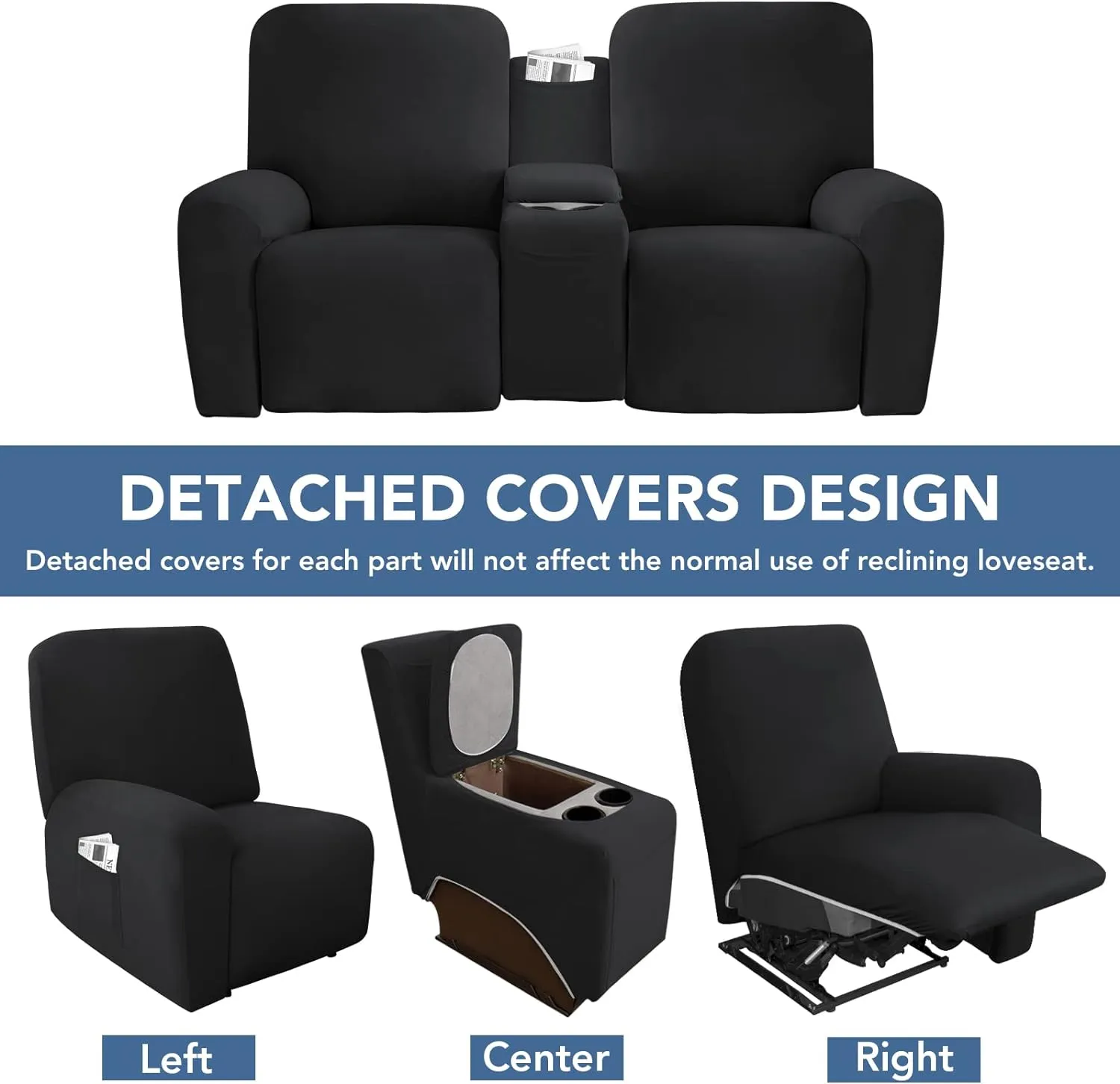 Easy-Going Stretch Recliner Loveseat Cover with Center Console Sofa Slipcover Soft Fitted Fleece 2 Seats Couch with Holder and Storage Washable Furniture Protector Black
