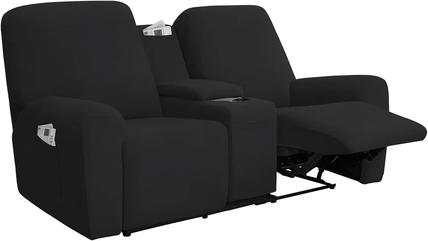 Easy-Going Stretch Recliner Loveseat Cover with Center Console Sofa Slipcover Soft Fitted Fleece 2 Seats Couch with Holder and Storage Washable Furniture Protector Black