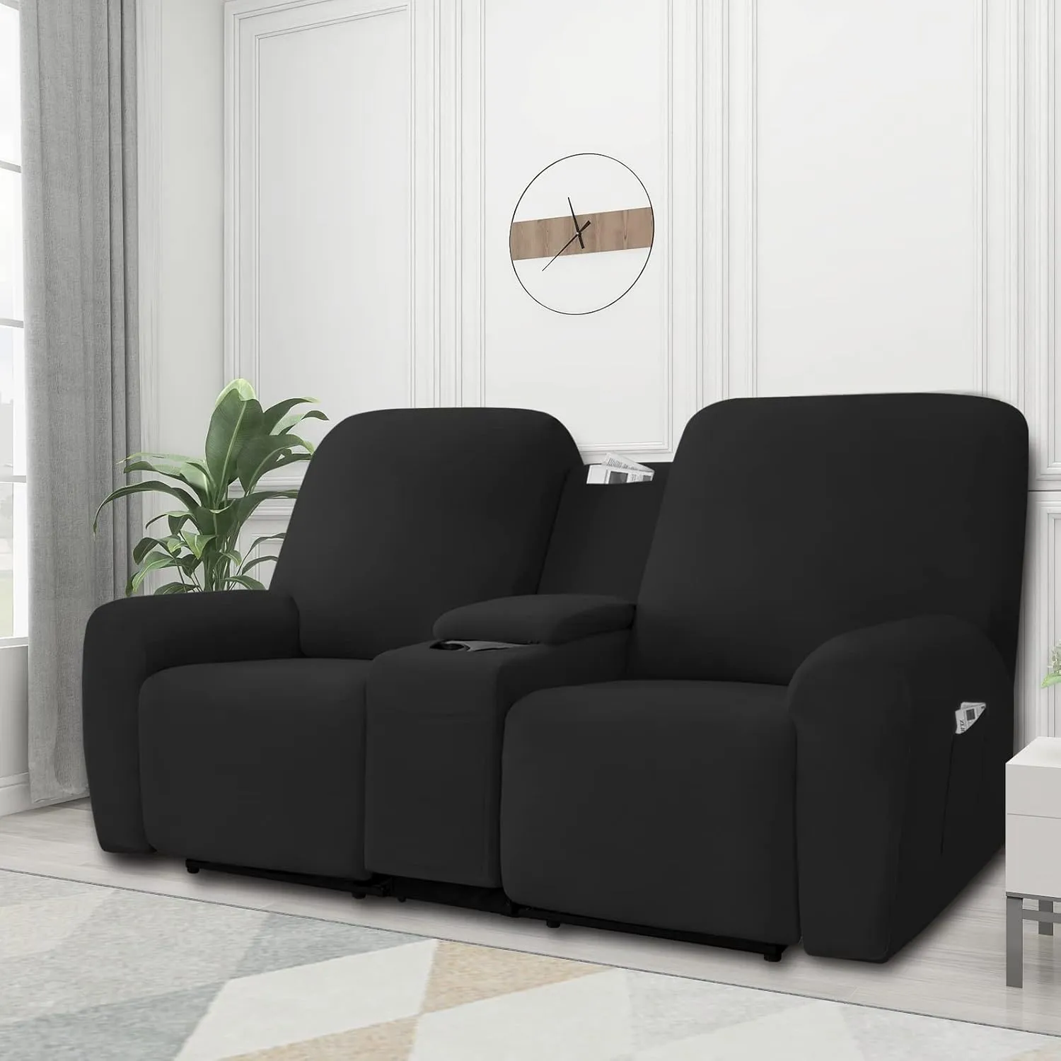 Easy-Going Stretch Recliner Loveseat Cover with Center Console Sofa Slipcover Soft Fitted Fleece 2 Seats Couch with Holder and Storage Washable Furniture Protector Black