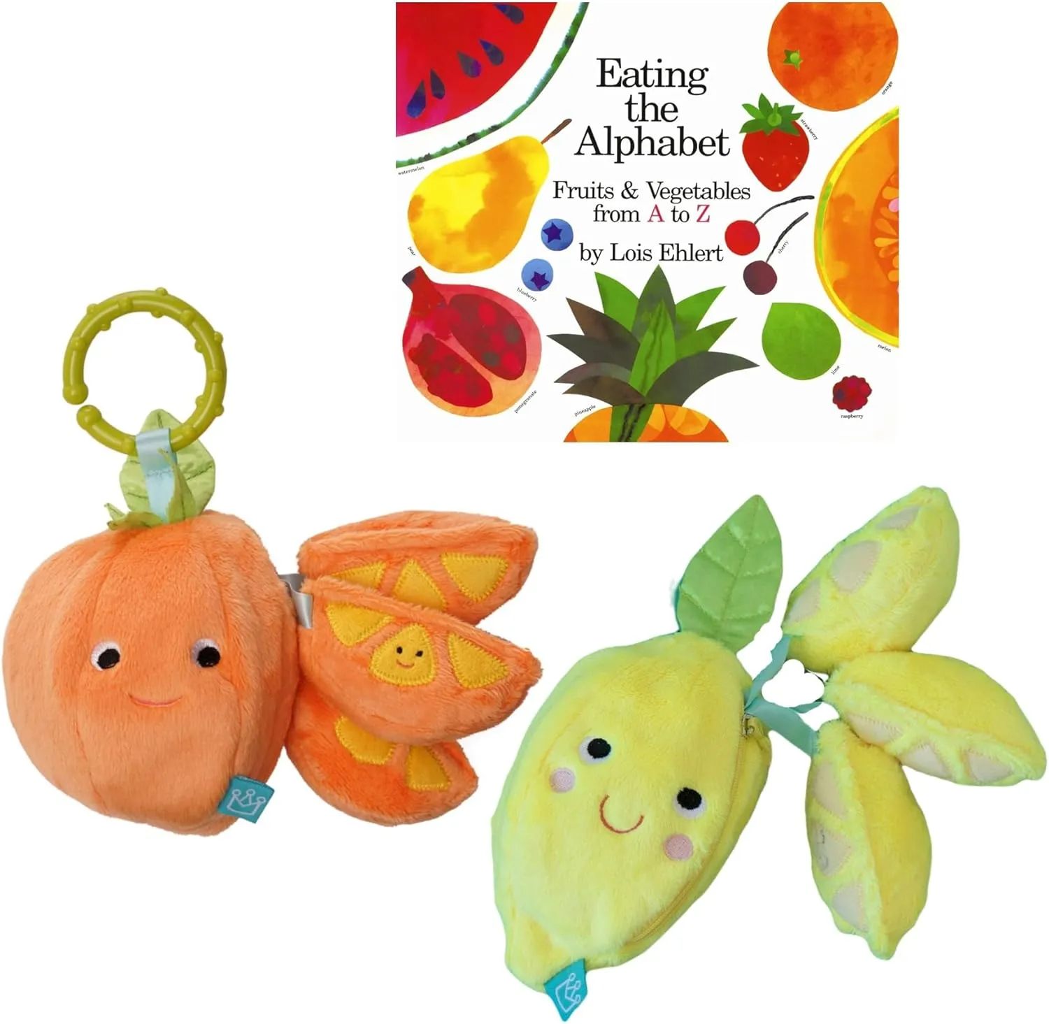 Eating the Alphabet Baby Gift Set includes Board Book by Lois Ehlert, Lemon and Orange Infant Travel Toys With Rattle, Squeaker, Crinkle Fabric, Teether Clip & Bag (Sensory Developmental Learning Toy)