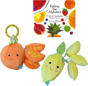 Eating the Alphabet Baby Gift Set includes Board Book by Lois Ehlert, Lemon and Orange Infant Travel Toys With Rattle, Squeaker, Crinkle Fabric, Teether Clip & Bag (Sensory Developmental Learning Toy)
