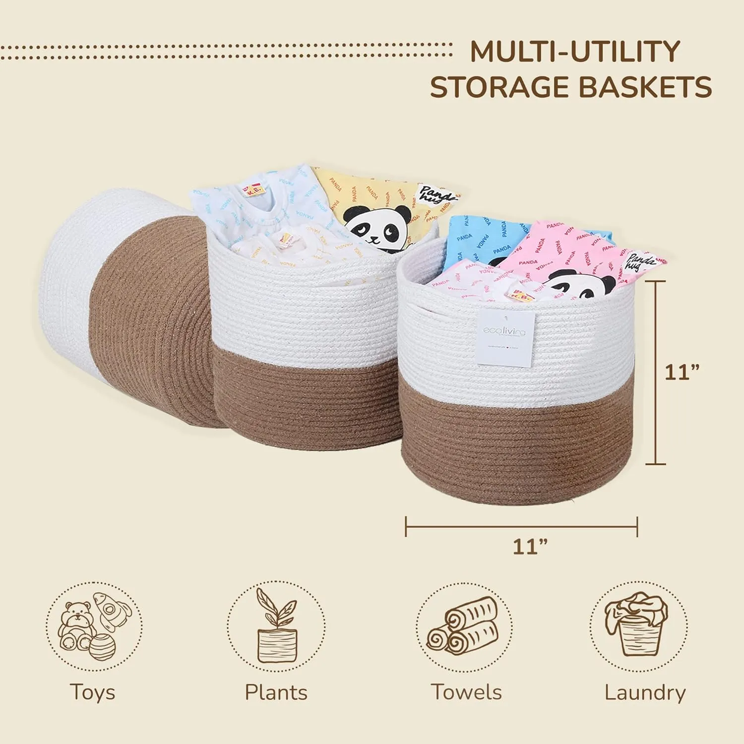 Eco-living Recycled Cotton Rope Storage Cube Basket, Plant Basket Multi-Purpose Woven Cube Storage Organizer/Shelves, Closet Storage Bins, Nursery Kids Room Organizer 11 Inch Set of 3, White & Beige