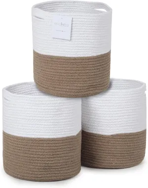 Eco-living Recycled Cotton Rope Storage Cube Basket, Plant Basket Multi-Purpose Woven Cube Storage Organizer/Shelves, Closet Storage Bins, Nursery Kids Room Organizer 11 Inch Set of 3, White & Beige
