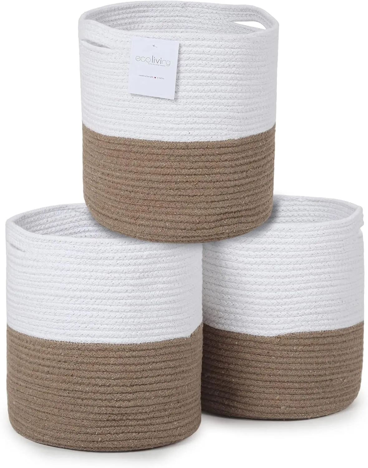 Eco-living Recycled Cotton Rope Storage Cube Basket, Plant Basket Multi-Purpose Woven Cube Storage Organizer/Shelves, Closet Storage Bins, Nursery Kids Room Organizer 11 Inch Set of 3, White & Beige