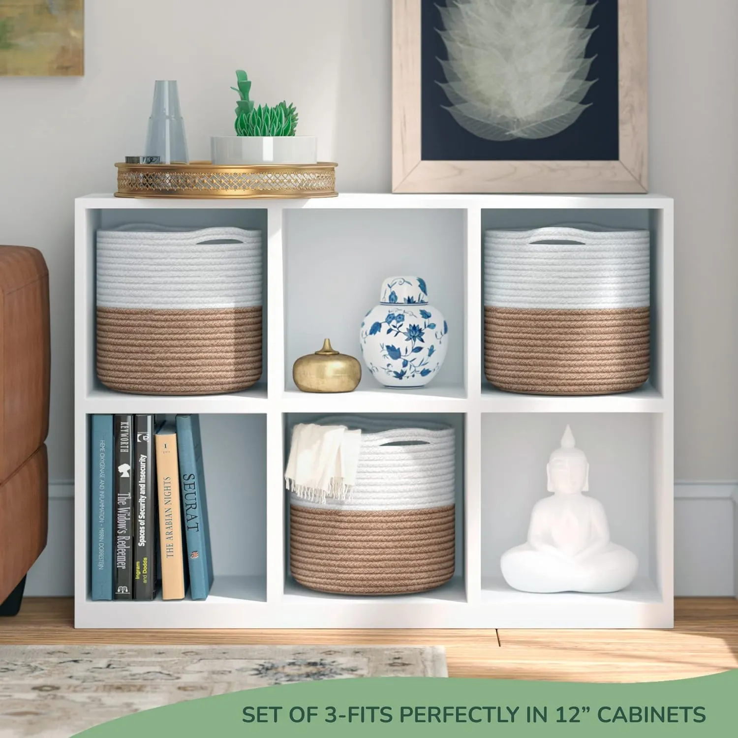 Eco-living Recycled Cotton Rope Storage Cube Basket, Plant Basket Multi-Purpose Woven Cube Storage Organizer/Shelves, Closet Storage Bins, Nursery Kids Room Organizer 11 Inch Set of 3, White & Beige