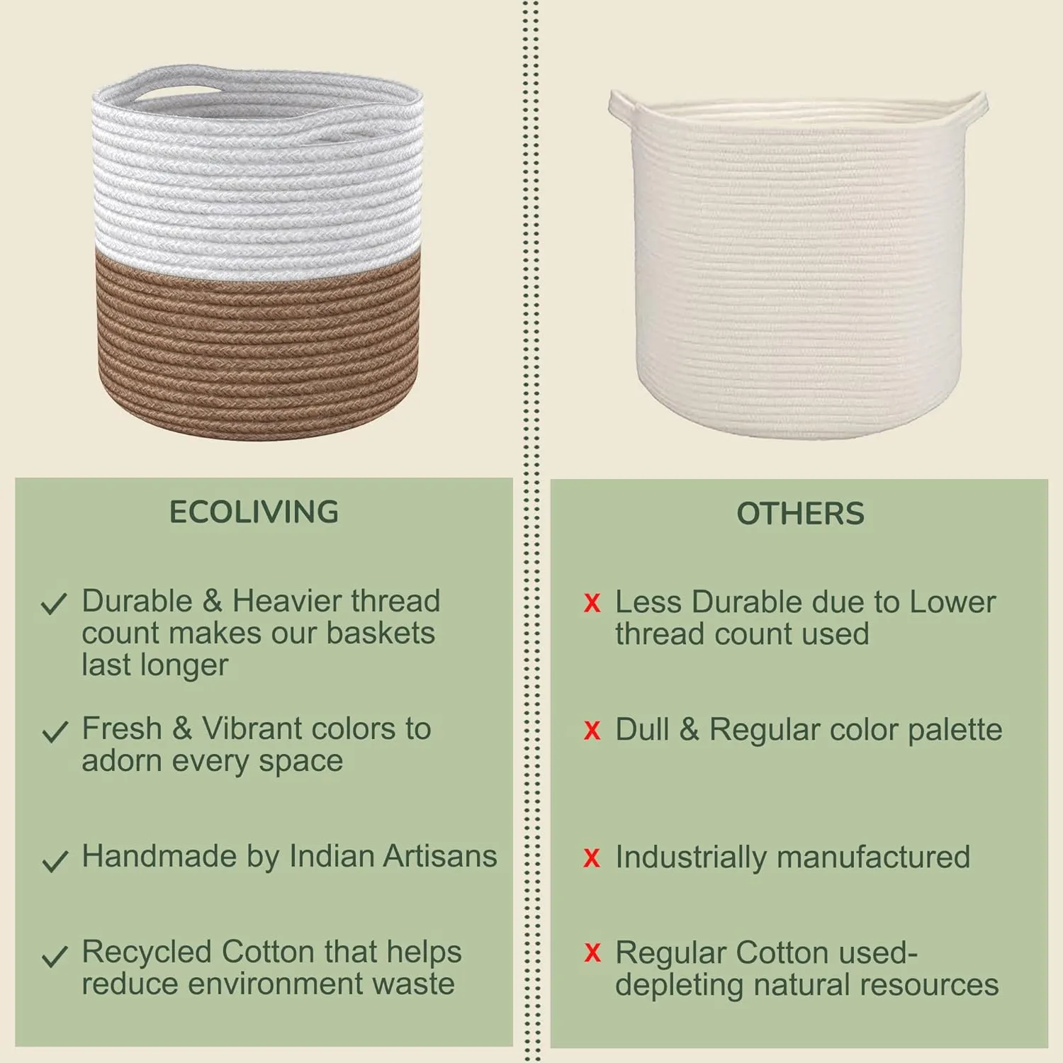 Eco-living Recycled Cotton Rope Storage Cube Basket, Plant Basket Multi-Purpose Woven Cube Storage Organizer/Shelves, Closet Storage Bins, Nursery Kids Room Organizer 11 Inch Set of 3, White & Beige