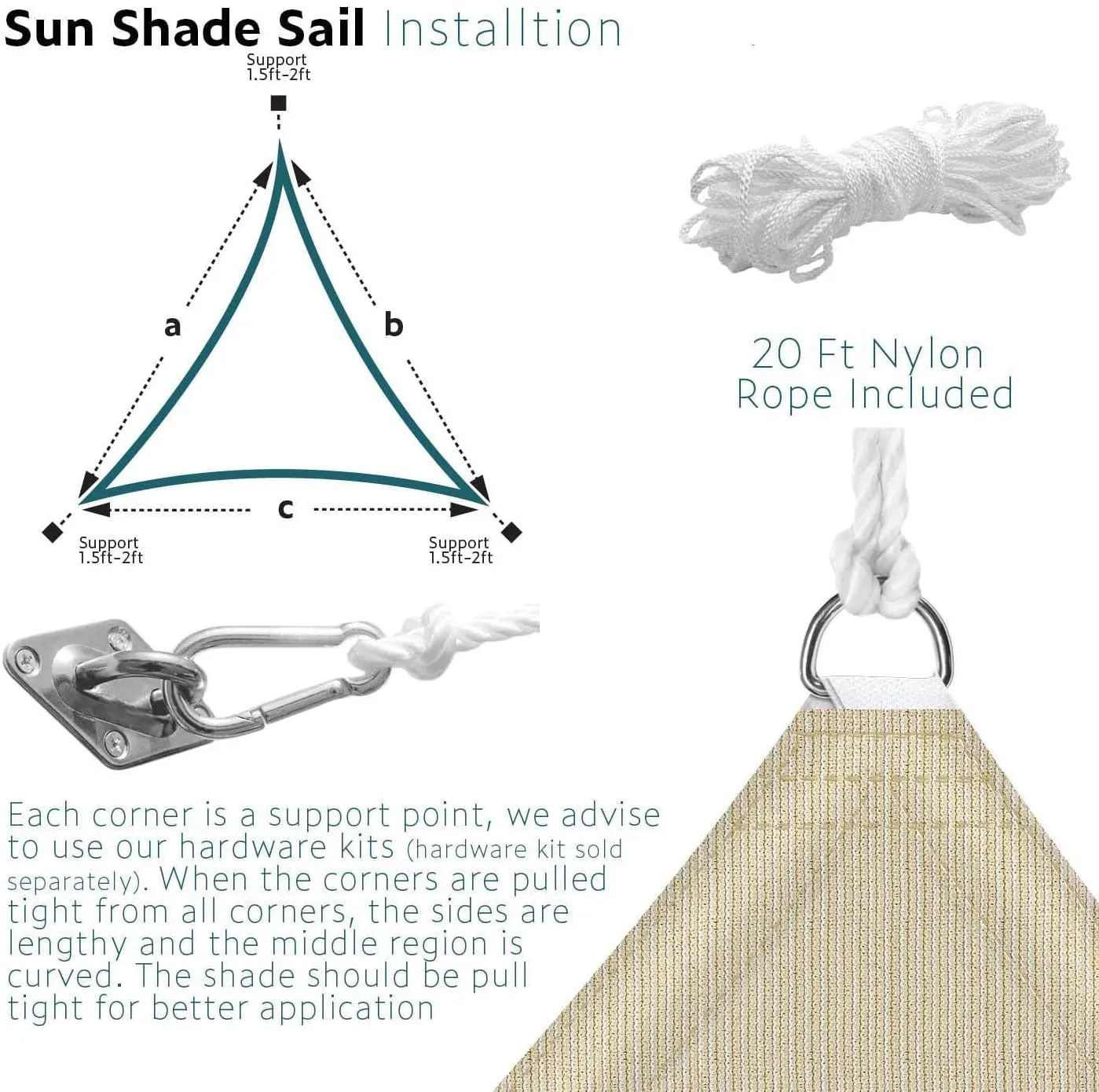 ECOOPTS 13'x13'x13' HDPE Sun Shade Sail Triangle Canopy Shades for Outdoor Patio Pergola Cover Fabric Blockage 95% UV Resistant(Beige)