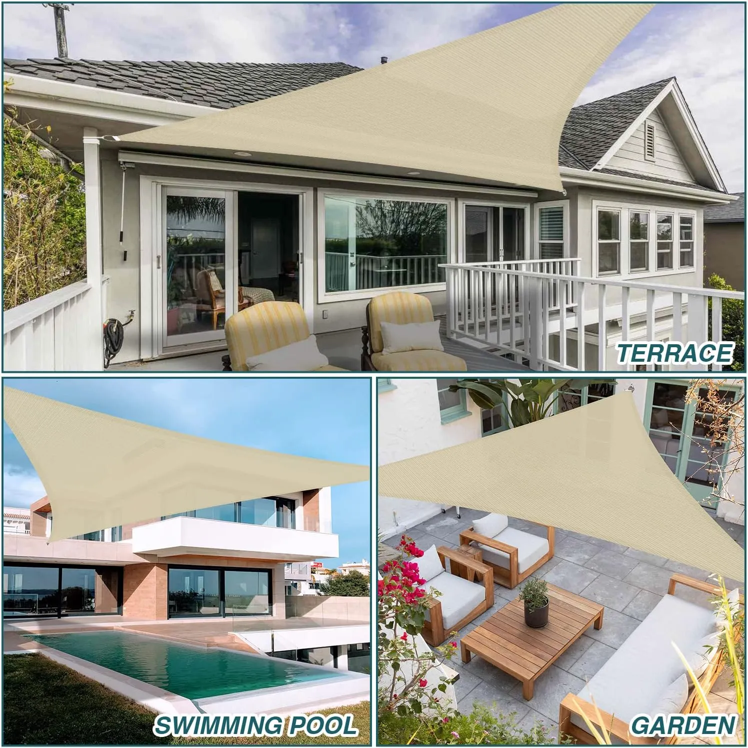 ECOOPTS 13'x13'x13' HDPE Sun Shade Sail Triangle Canopy Shades for Outdoor Patio Pergola Cover Fabric Blockage 95% UV Resistant(Beige)