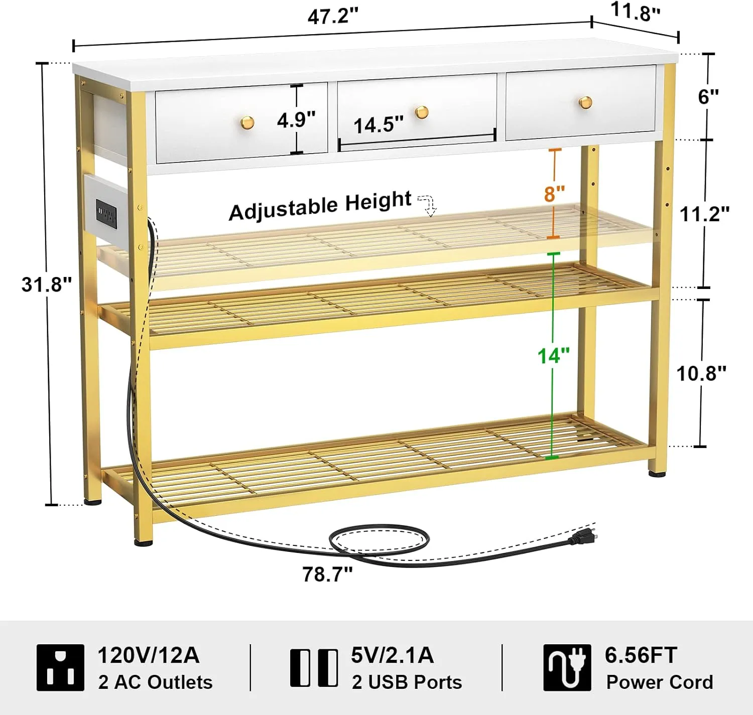 Ecoprsio 47'' Entryway Table with Outlets and USB Ports, Console Table with 3 Drawers, Sofa Table Narrow Long with Storage Shelves for Living Room, Couch, Hallway, Foyer, White and Golden