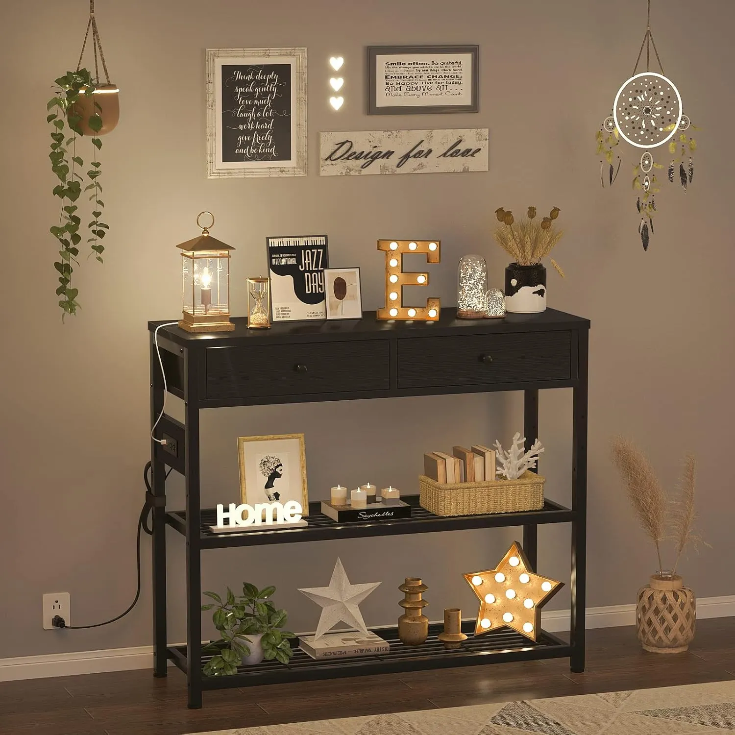 Ecoprsio Entryway Table with Outlets and USB Ports, Console Table with 2 Drawers, Small Sofa Table with Storage Shelves for Living Room, Couch, Hallway, Foyer, Kitchen Counter, 32'', Black