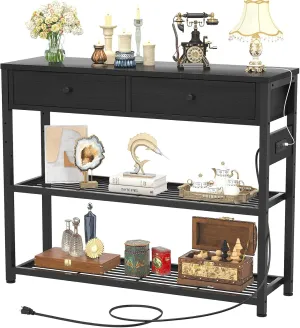 Ecoprsio Entryway Table with Outlets and USB Ports, Console Table with 2 Drawers, Small Sofa Table with Storage Shelves for Living Room, Couch, Hallway, Foyer, Kitchen Counter, 32'', Black