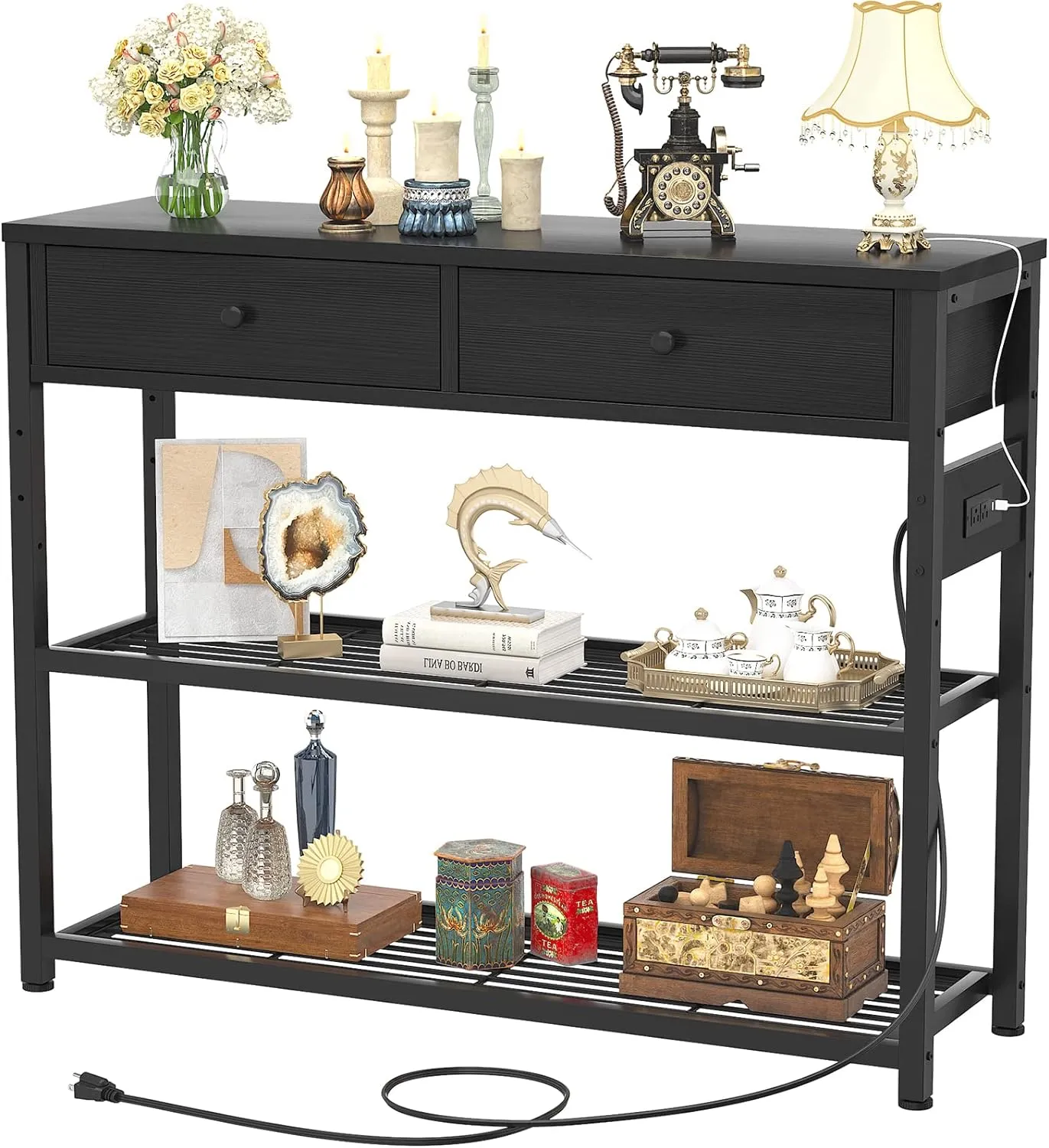 Ecoprsio Entryway Table with Outlets and USB Ports, Console Table with 2 Drawers, Small Sofa Table with Storage Shelves for Living Room, Couch, Hallway, Foyer, Kitchen Counter, 32'', Black