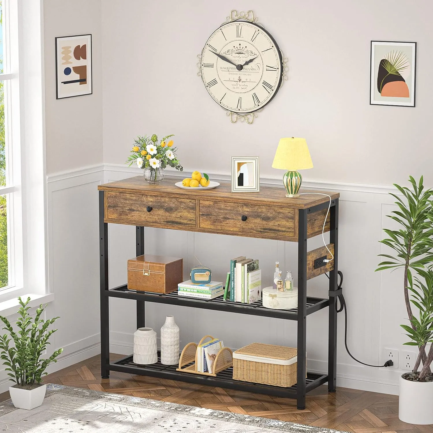 Ecoprsio Entryway Table with Outlets and USB Ports, Console Table with 2 Drawers, Small Sofa Table with Storage Shelves for Living Room, Couch, Hallway, Foyer, Kitchen Counter, 32'', Rustic