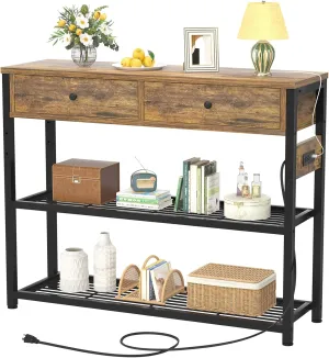 Ecoprsio Entryway Table with Outlets and USB Ports, Console Table with 2 Drawers, Small Sofa Table with Storage Shelves for Living Room, Couch, Hallway, Foyer, Kitchen Counter, 32'', Rustic