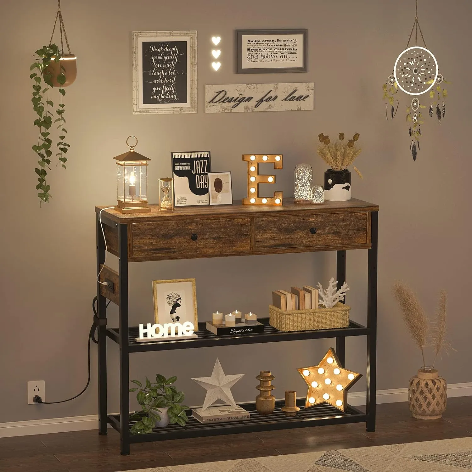 Ecoprsio Entryway Table with Outlets and USB Ports, Console Table with 2 Drawers, Small Sofa Table with Storage Shelves for Living Room, Couch, Hallway, Foyer, Kitchen Counter, 32'', Rustic