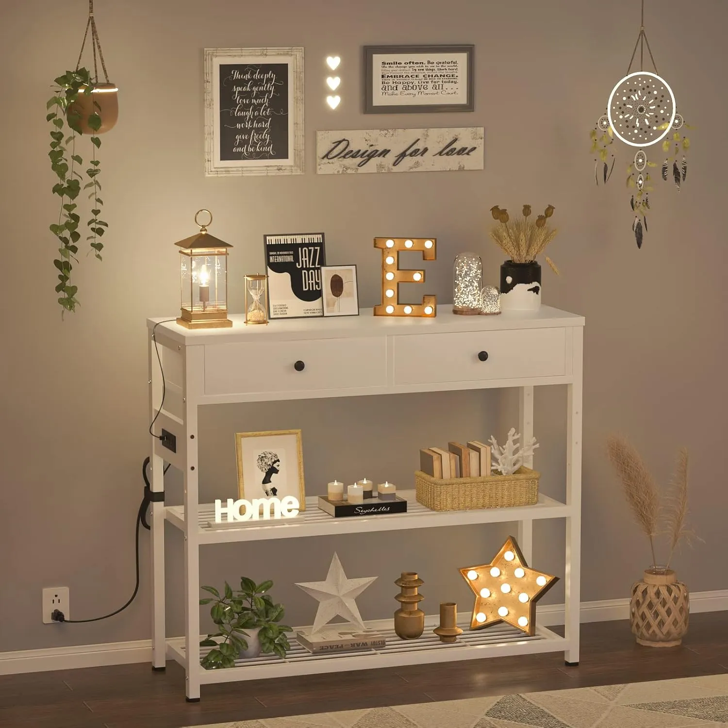Ecoprsio Entryway Table with Outlets and USB Ports, Console Table with 2 Drawers, Small Sofa Table with Storage Shelves for Living Room, Couch, Hallway, Foyer, Kitchen Counter, 32'', White