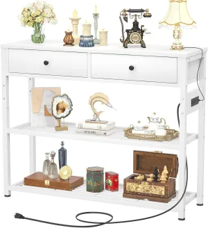 Ecoprsio Entryway Table with Outlets and USB Ports, Console Table with 2 Drawers, Small Sofa Table with Storage Shelves for Living Room, Couch, Hallway, Foyer, Kitchen Counter, 32'', White