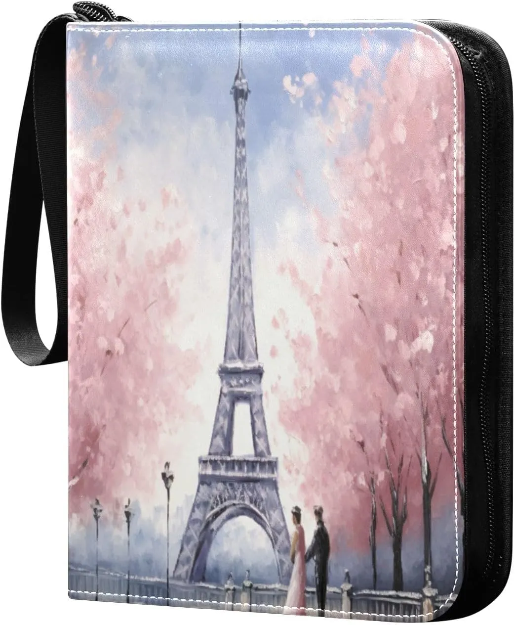 Eiffel Tower Painting Card Binder with 50 Removable Page Sleeves PU Leather Collectible Trading Card Albums Book with Zipper for Games Card,Baseball Cards