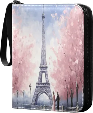 Eiffel Tower Painting Card Binder with 50 Removable Page Sleeves PU Leather Collectible Trading Card Albums Book with Zipper for Games Card,Baseball Cards