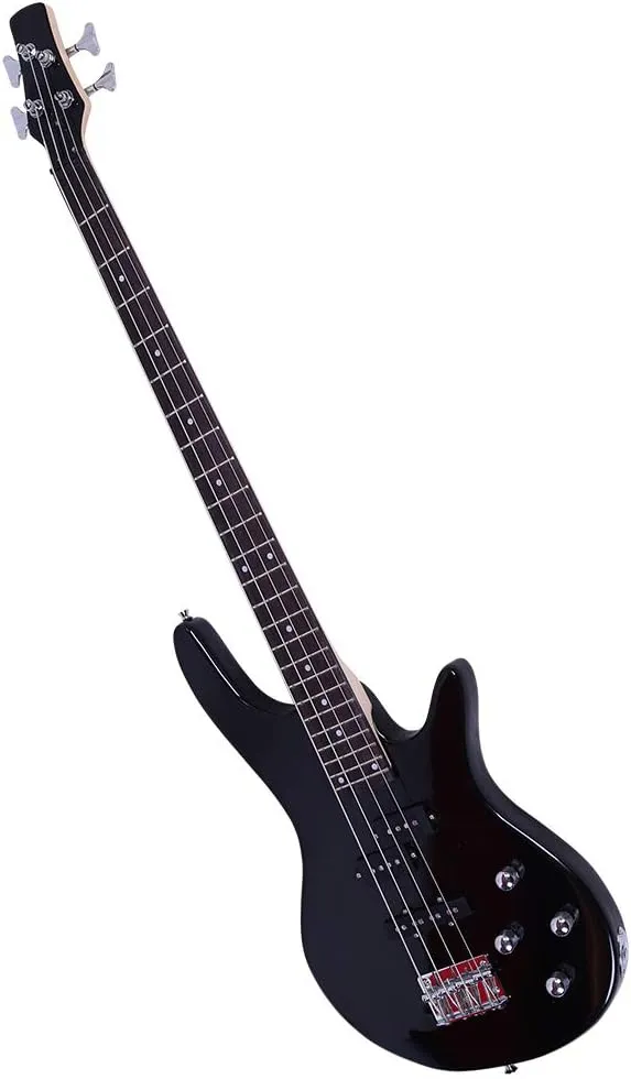 Electric Bass Guitar Full Size 4 String Exquisite Stylish Bass with Power Line and Wrench Tool (Black)