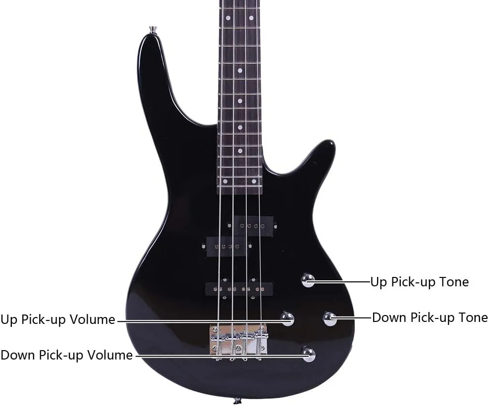 Electric Bass Guitar Full Size 4 String Exquisite Stylish Bass with Power Line and Wrench Tool (Black)