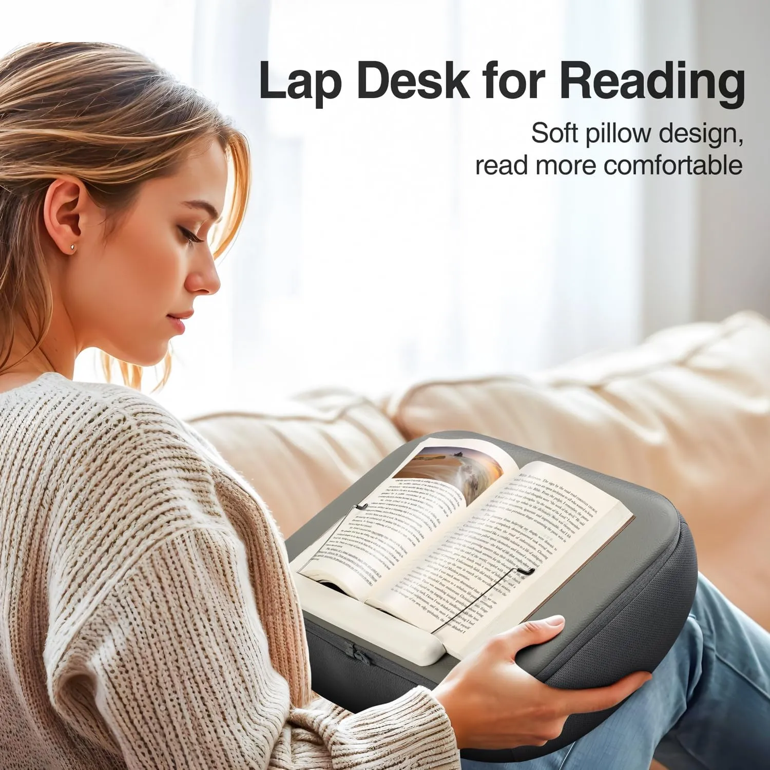 elitehood Bean Bag Laptop Lap Desk, Soft Cushion Stand for Book, Laptop, Tablet, Book Pillow Holder for Reading in Bed, Lap Desk Ideal for Working, Writing and Relaxation on Bed, Couch, Recliner, Grey