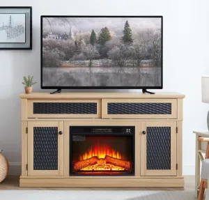 Embossed Pattern TV Stand with 23" Fireplace Insert, Ample Storage and Adjustable Shelves, Light Oak Finish
