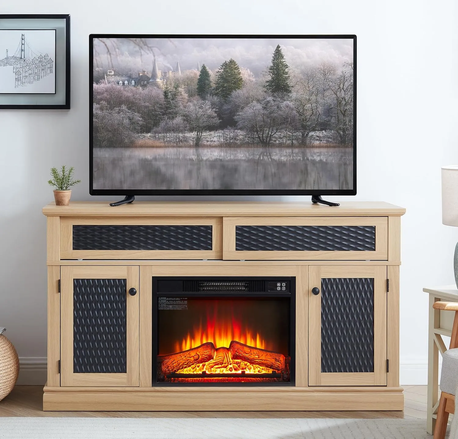 Embossed Pattern TV Stand with 23" Fireplace Insert, Ample Storage and Adjustable Shelves, Light Oak Finish