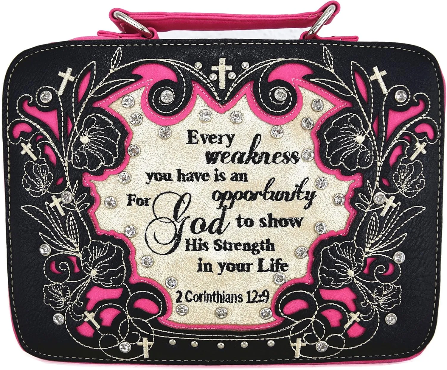 Embroidered Verse Scripture Western Bible Cover Book Carrying Case for Women Extra Strap Crossbody Purse… (Black/Fuchsia)