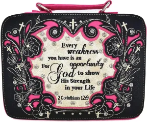 Embroidered Verse Scripture Western Bible Cover Book Carrying Case for Women Extra Strap Crossbody Purse… (Black/Fuchsia)