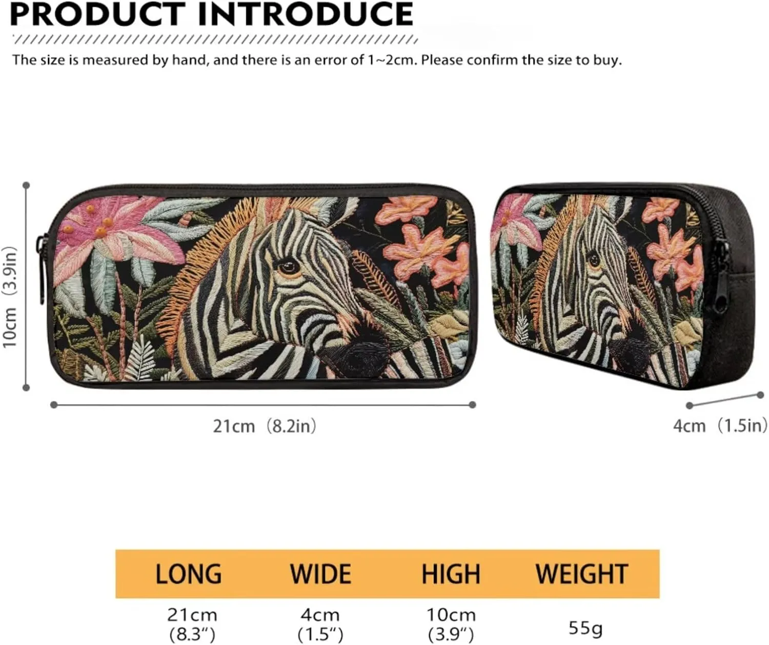 Embroidered Zebra Floral Print Backpacks Set Kids Book Bag for Primery School Large Capacity 4 in 1 Modern School Bag with Lunch Box Pencil Case Water Cup Sleeve