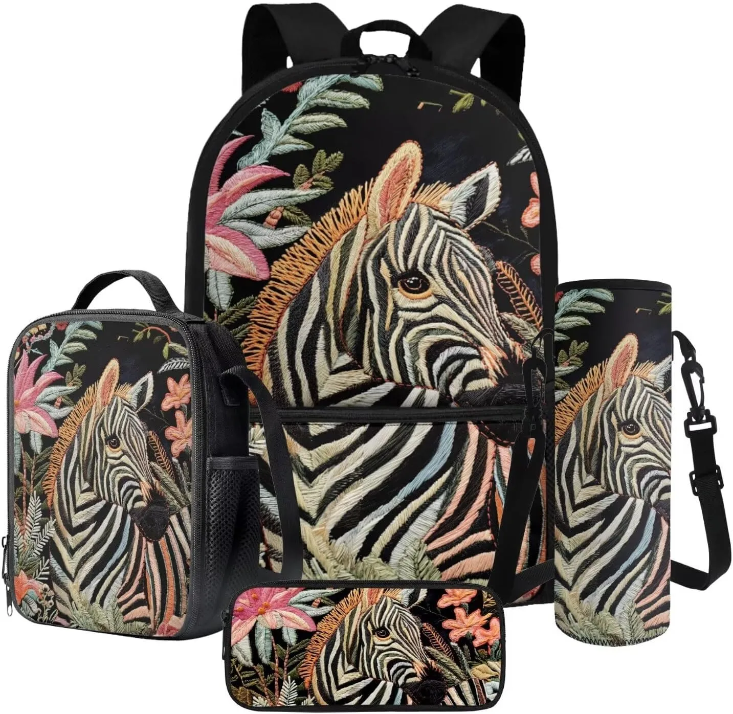 Embroidered Zebra Floral Print Backpacks Set Kids Book Bag for Primery School Large Capacity 4 in 1 Modern School Bag with Lunch Box Pencil Case Water Cup Sleeve