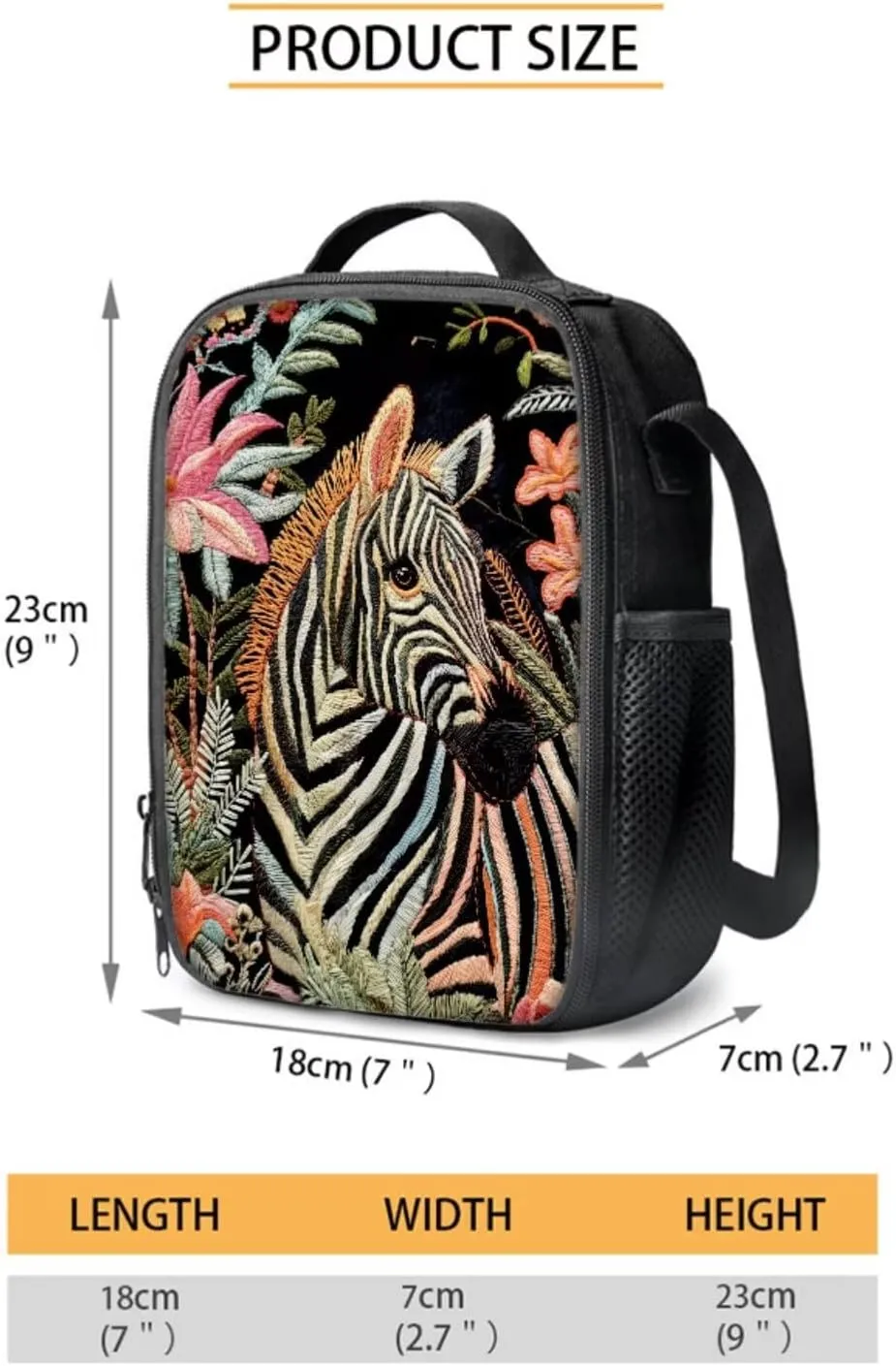 Embroidered Zebra Floral Print Backpacks Set Kids Book Bag for Primery School Large Capacity 4 in 1 Modern School Bag with Lunch Box Pencil Case Water Cup Sleeve