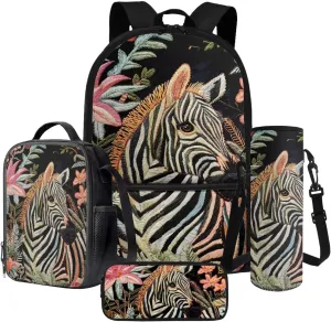 Embroidered Zebra Floral Print Backpacks Set Kids Book Bag for Primery School Large Capacity 4 in 1 Modern School Bag with Lunch Box Pencil Case Water Cup Sleeve